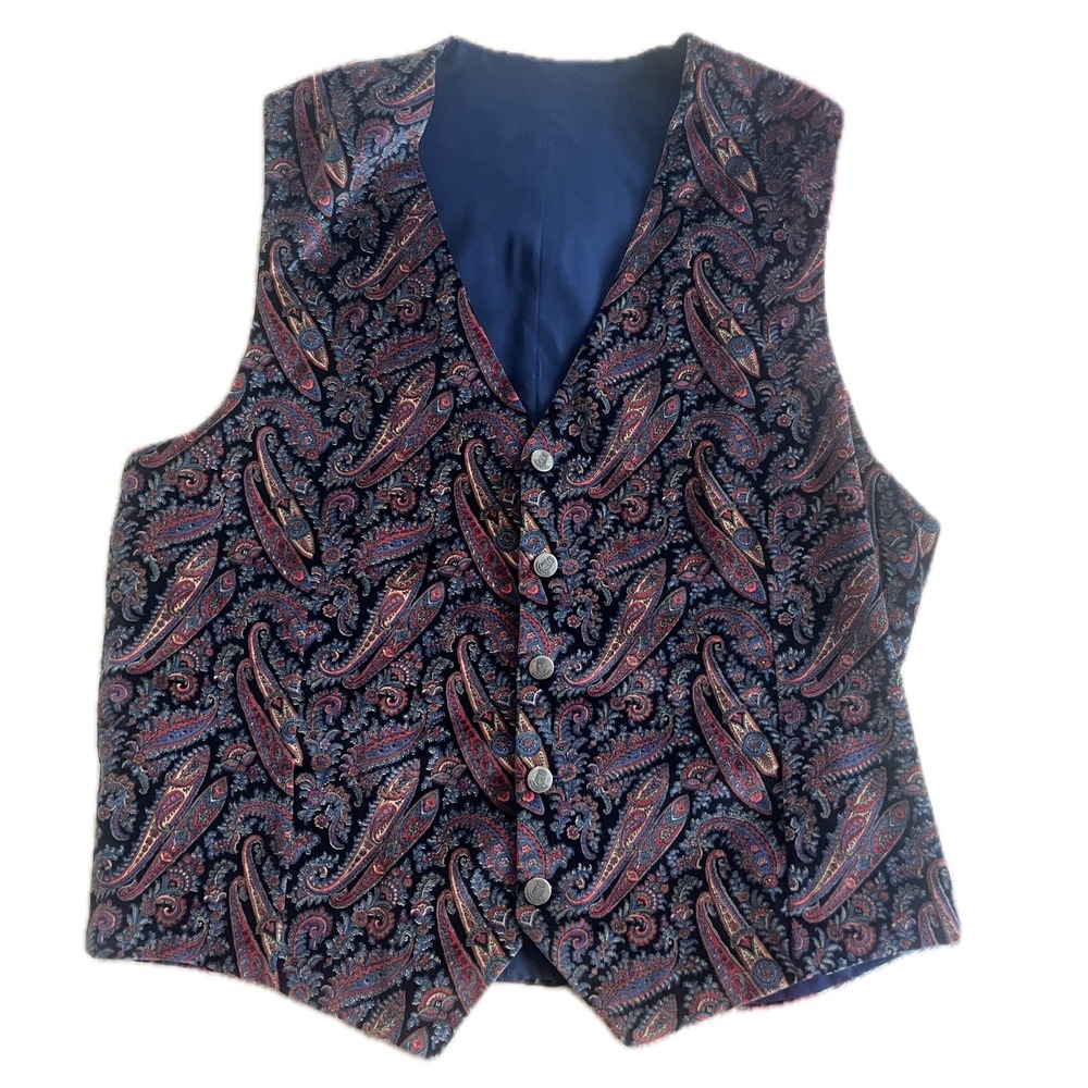 Vintage 70s Paisley Velvet Vest Navy Blue Burgundy Silver Crest Buttons Sz L